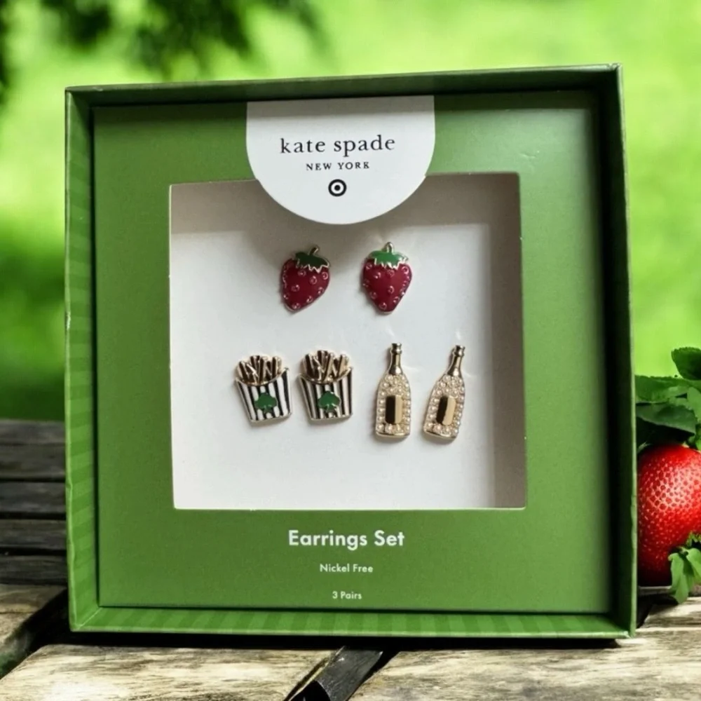 Kate Spade x Target stud Earrings Set with Strawberries, Fries & Champagne NIB - Picture 4 of 11